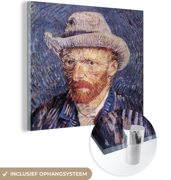 MuchoWow® Glasschilderij 50x50 cm - Schilderij acrylglas - Zelfportret met grijze vilthoed - Vincent van Gogh - Foto op glas - Schilderijen