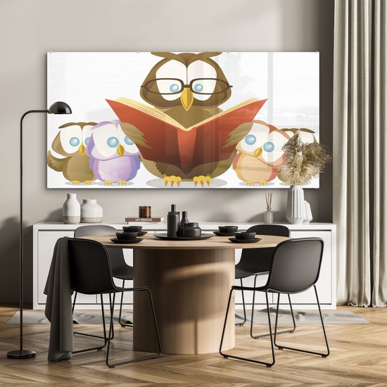 MuchoWow® Peinture sur Verre - Une Illustration d'un Hibou Lisant à Voix Haute - 160x80 cm - Peintures sur Verre Acrylique - Photo sur Glas