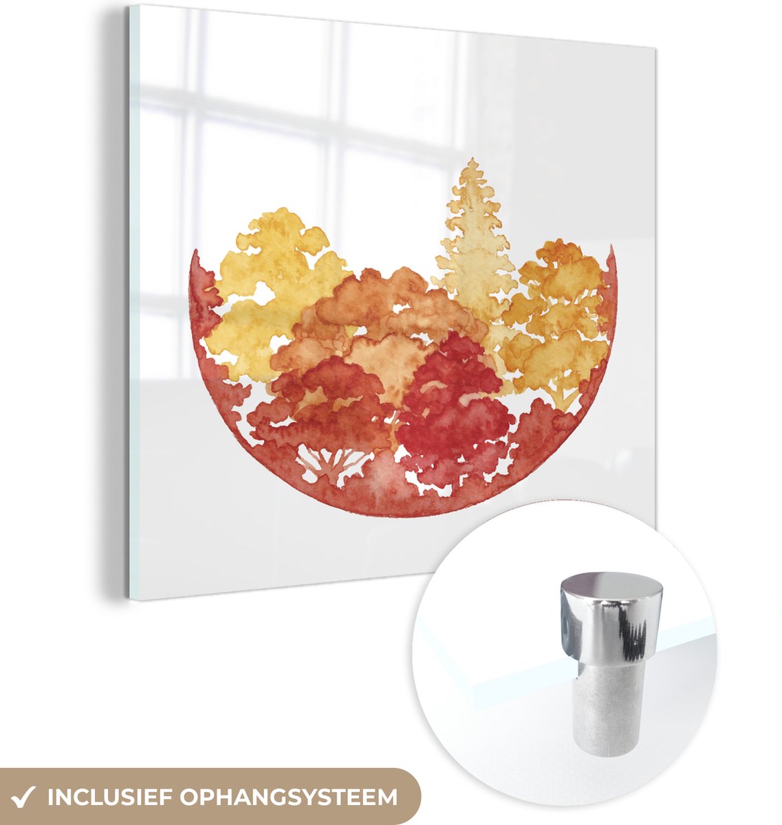 ® Glasschilderij 20x20 cm - Schilderij acrylglas - Herfst - Boom - Waterverf - Foto op glas - Muurdecoratie woonkamer - Wanddecoratie slaapkamer - Schilderijen