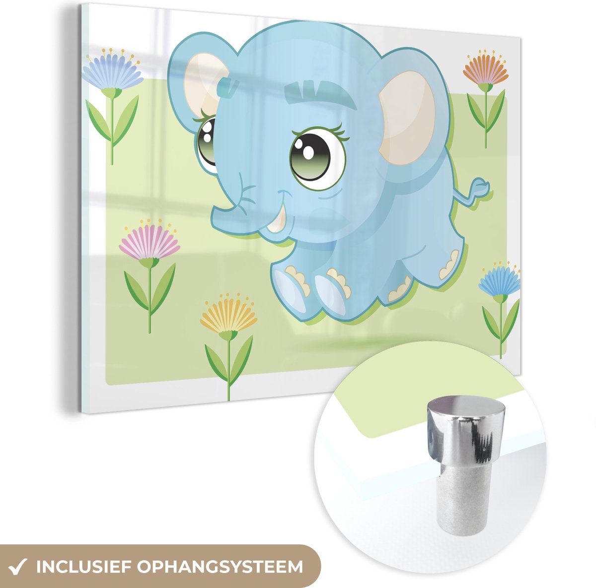 ® Glasschilderij 180x120 cm - Schilderij acrylglas - Een illustratie van een baby olifant - Foto op glas - Muurdecoratie woonkamer - Wanddecoratie slaapkamer - Schilderijen