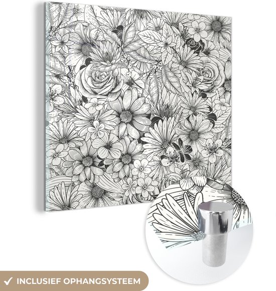 Peinture sur Verre - Un Dessin Noir et Blanc de Motif Floral - 20x20 cm -  Peintures