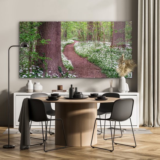 MuchoWow® Glasschilderij 160x80 cm - Schilderij acrylglas - Bos - Pad - Bloemen - Wit - Foto op glas - Schilderijen