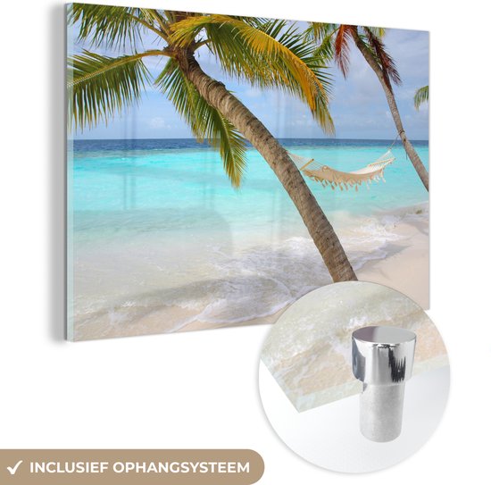 MuchoWow® Glasschilderij 30x20 cm - Schilderij acrylglas - Zomer - Palmboom - Hangmat - Foto op glas - Schilderijen