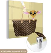 MuchoWow® Glasschilderij 20x20 cm - Schilderij acrylglas - Een illustratie van een puppy in een handtas - Foto op glas - Schilderijen
