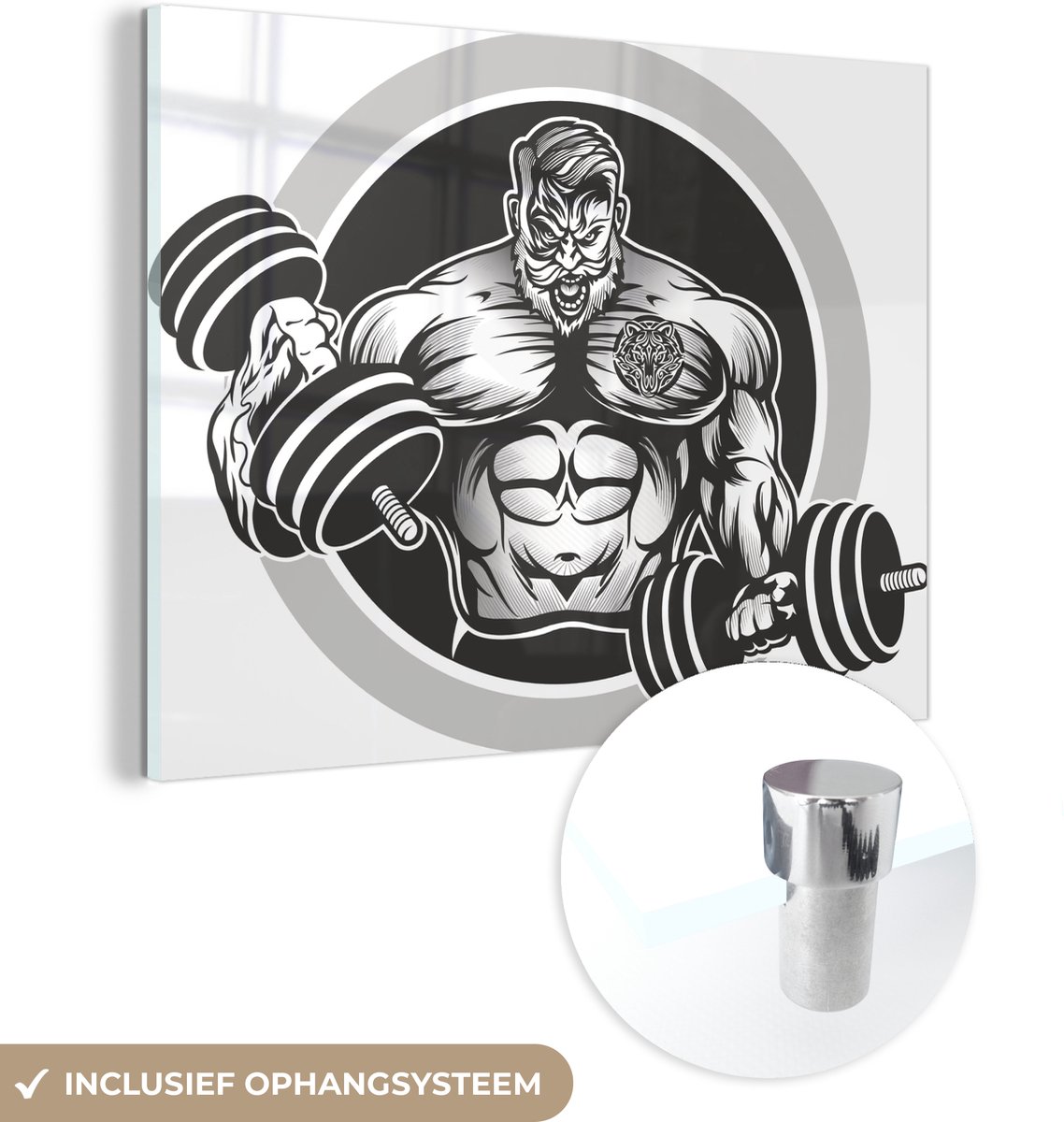 ® Glasschilderij 40x30 cm - Schilderij acrylglas - Een illustratie van een bodybuilder met twee dumbbells - Foto op glas - Muurdecoratie woonkamer - Wanddecoratie slaapkamer - Schilderijen