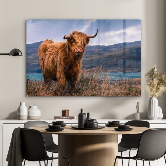 MuchoWow® Peinture sur verre 120x80 cm - Peinture sur verre acrylique - Highlander écossais - Ciel - Nature - Photo sur verre - Peintures