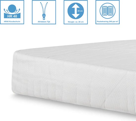 Witte matras met icoontjes: HR40 Koudschuim, Afritsbare Tijk, Hoogte: 20 cm, Pocketvering 240 per m².