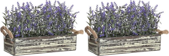 Items Lavendel bloemen kunstplant in bloembak - 2x - donkerpaarse bloemen - 30 x 12 x 21 cm - bloemstukje