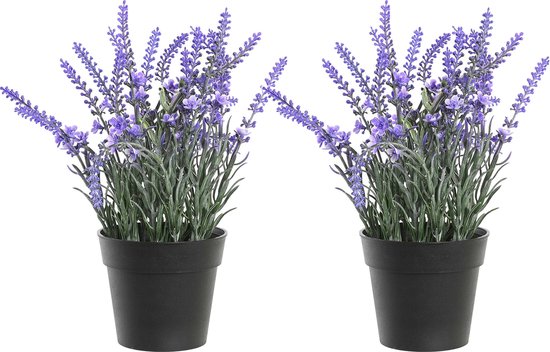 Items Lavendel bloemen kunstplant in bloempot - 2x - paarse bloemen - 15 x 27 cm - bloemstukje