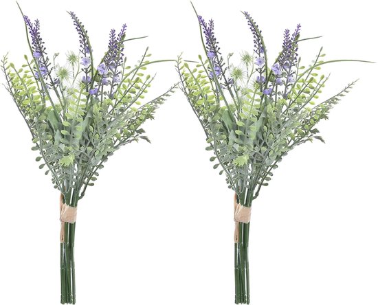 Items Lavendel kunstbloemen - 2x - bosje met stelen van paarse bloemetjes - 14 x 42 cm