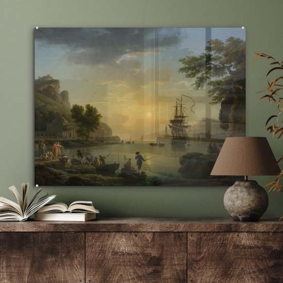 MuchoWow® Peinture sur verre 80x60 cm - Peinture sur verre acrylique - Un paysage au coucher du soleil - Peinture de Claude Joseph Vernet - Photo sur verre - Peintures