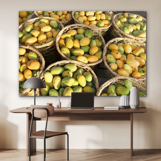 MuchoWow® Peinture sur verre 150x100 cm - Peinture sur verre acrylique - Mango - Jaune - Vert - Panier - Photo sur verre - Peintures