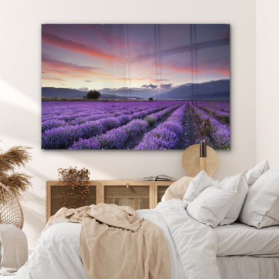 MuchoWow® Peinture sur verre 150x100 cm - Peinture sur verre acrylique - Coucher de soleil sur les lavandes - Photo sur verre - Peintures