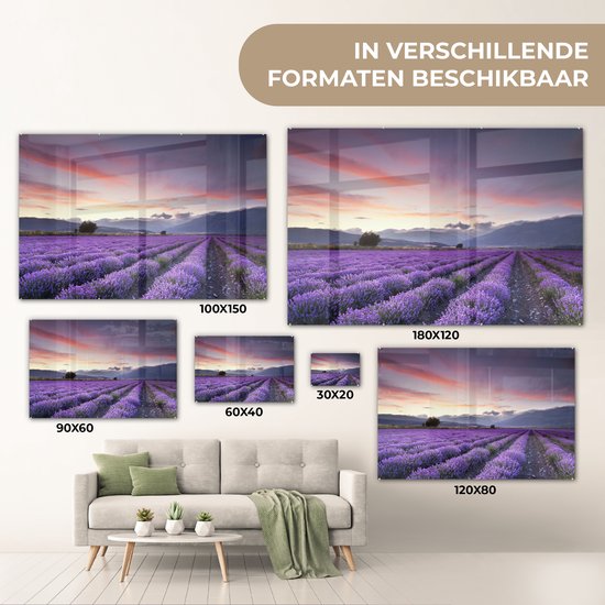 MuchoWow® Peinture sur verre 150x100 cm - Peinture sur verre acrylique - Coucher de soleil sur les lavandes - Photo sur verre - Peintures