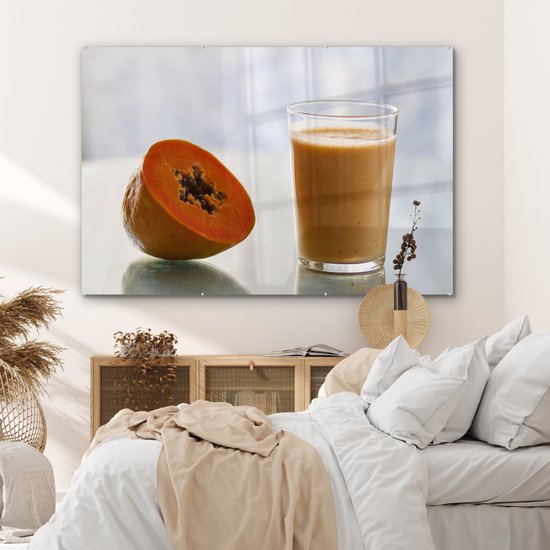 ® Glasschilderij 150x100 cm - Schilderij acrylglas - Papajasmoothie gemaakt van een stuk papaja fruit - Foto op glas - Muurdecoratie woonkamer - Wanddecoratie slaapkamer - Schilderijen