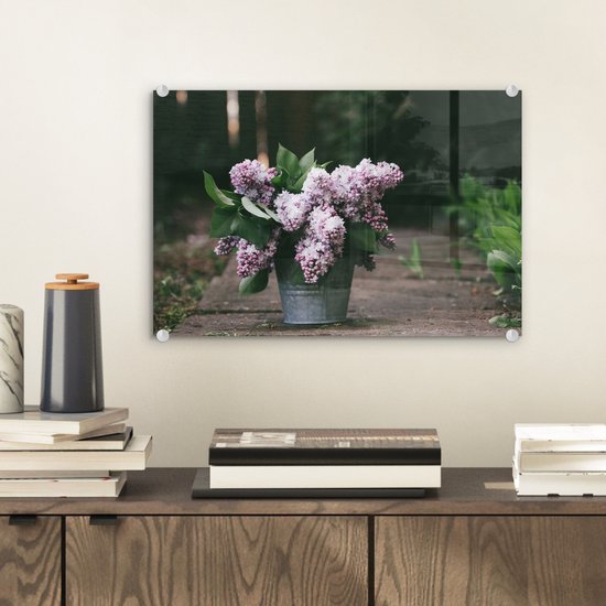 MuchoWow® Peinture sur verre 30x20 cm - Peinture sur verre acrylique - Lilas dans un seau - Photo sur verre - Peintures