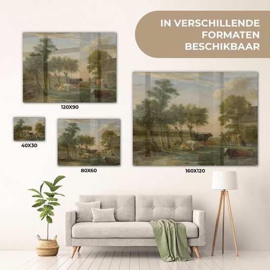 MuchoWow® Peinture sur verre 160x120 cm - Peinture sur verre acrylique - Vaches dans le pré dans une ferme - Peinture de Paulus Potter - Photo sur verre - Peintures