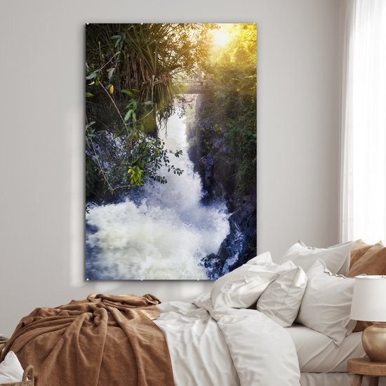 ® Glasschilderij 100x150 cm - Schilderij acrylglas - Prachtige foto van het landschap van het Nationaal park Iguazú met een doorbrekende zon - Foto op glas - Muurdecoratie woonkamer - Wanddecoratie slaapkamer - Schilderijen