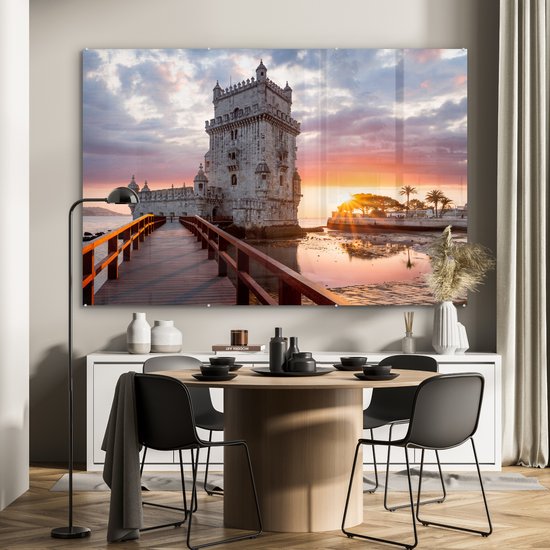 ® Glasschilderij 150x100 cm - Schilderij acrylglas - Torre de Belém met een zonsondergang - Foto op glas - Muurdecoratie woonkamer - Wanddecoratie slaapkamer - Schilderijen