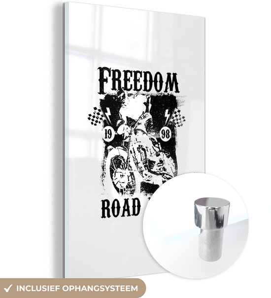 MuchoWow® Glasschilderij 60x90 cm - Schilderij acrylglas - Quote "Freedom road rage" met retro illustratie van een motor in het wit - Foto op glas - Schilderijen