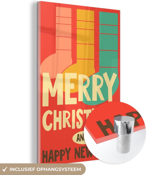 MuchoWow® Peinture sur verre 60x90 cm - Peinture sur verre acrylique - Chaussettes de Noël - Illustration - Noël - Citations - Dictons - Joyeux New et Happy année - Rouge - Photo sur verre - Peintures