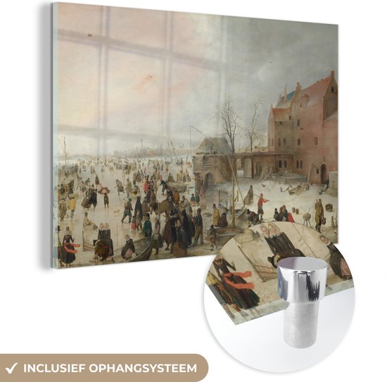 MuchoWow® Peinture sur verre 150x100 cm - Peinture sur verre acrylique - Scène de glace dans une brasserie - Hendrik Avercamp - Photo sur verre - Peintures