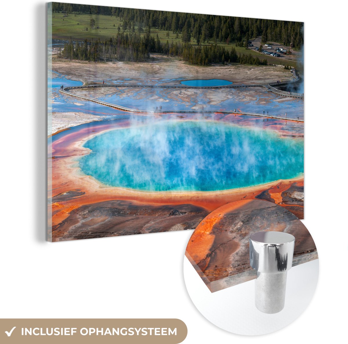 MuchoWow® Glasschilderij 30x20 cm - Schilderij acrylglas - Yellowstone - Geiser - Water -