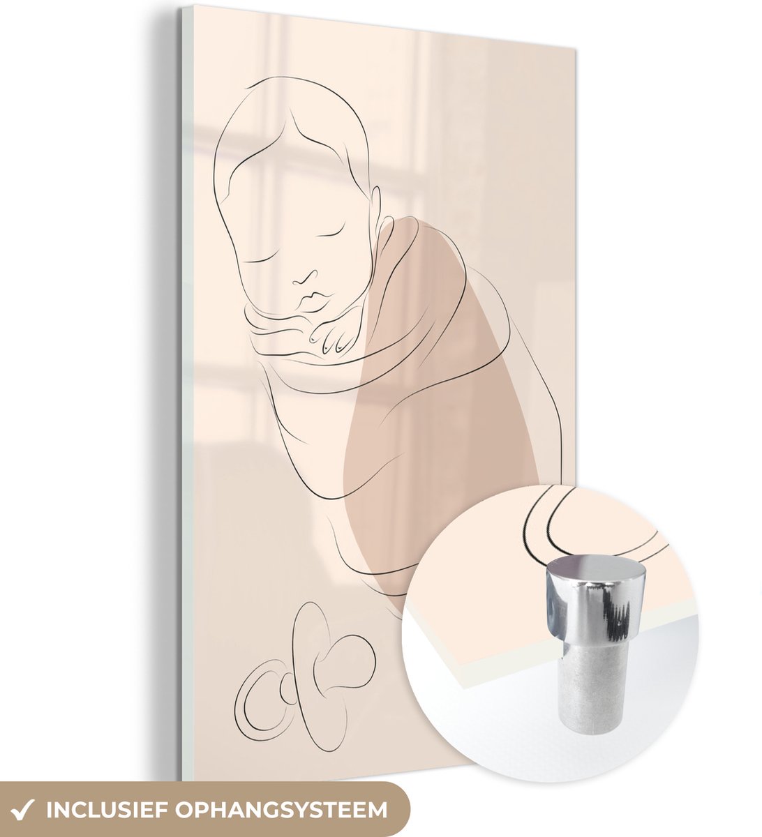 ® Glasschilderij 20x30 cm - Schilderij acrylglas - Baby - Speen - Line art - Foto op glas - Muurdecoratie woonkamer - Wanddecoratie slaapkamer - Schilderijen
