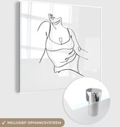MuchoWow® Glasschilderij 90x90 cm - Schilderij acrylglas - Abstracte line art van een vrouw die zit vierkant - Foto op glas - Schilderijen