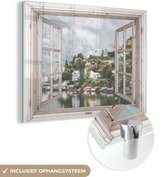 MuchoWow® Glasschilderij 80x60 cm - Schilderij acrylglas - Doorkijk - Noorwegen - Berg - Foto op glas - Schilderijen