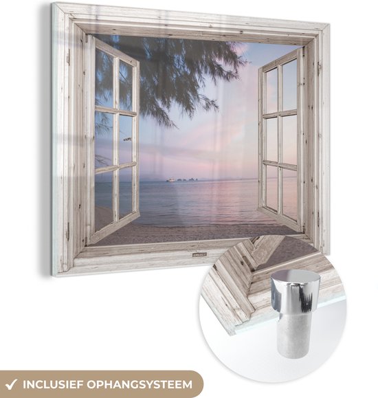 MuchoWow® Glasschilderij 120x90 cm - Schilderij acrylglas - Doorkijk - Strand - Palmboom - Foto op glas - Schilderijen