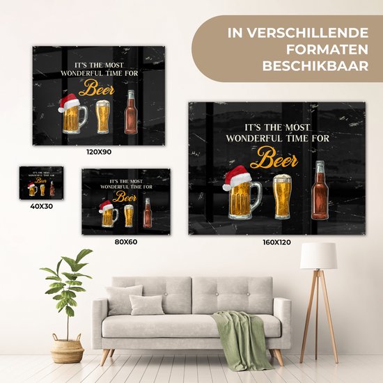 MuchoWow® Peinture sur Verre - Noël - Bières - C'est le moment le plus merveilleux pour la bière - Bonnet de Noel - Proverbes - Citations - 120x90 cm - Peintures sur Verre Acrylique - Photo sur Glas