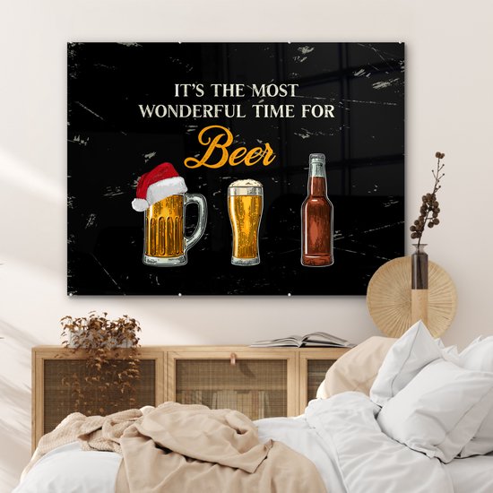 MuchoWow® Peinture sur Verre - Noël - Bières - C'est le moment le plus merveilleux pour la bière - Bonnet de Noel - Proverbes - Citations - 120x90 cm - Peintures sur Verre Acrylique - Photo sur Glas