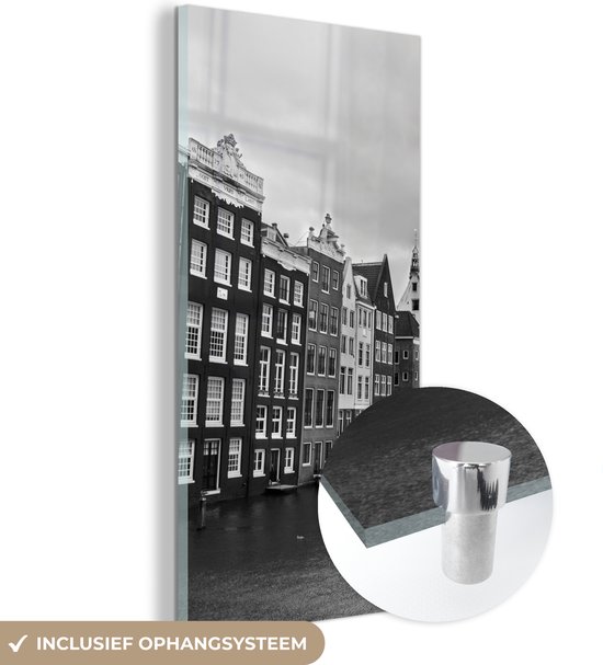 MuchoWow® Glasschilderij 40x80 cm - Schilderij acrylglas - Amsterdamse grachten zwart-wit fotoprint - Foto op glas - Schilderijen