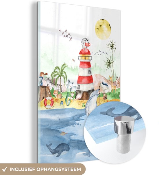 MuchoWow® Glasschilderij 60x90 cm - Schilderij acrylglas - Strand - Dieren - Kinderen - Vuurtoren - Jongens - Foto op glas - Schilderijen