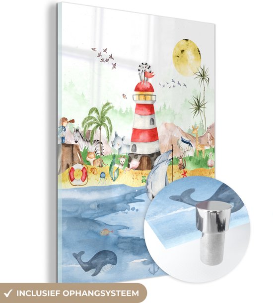 MuchoWow® Glasschilderij 60x80 cm - Schilderij acrylglas - Strand - Dieren - Kinderen - Vuurtoren - Jongens - Foto op glas - Schilderijen