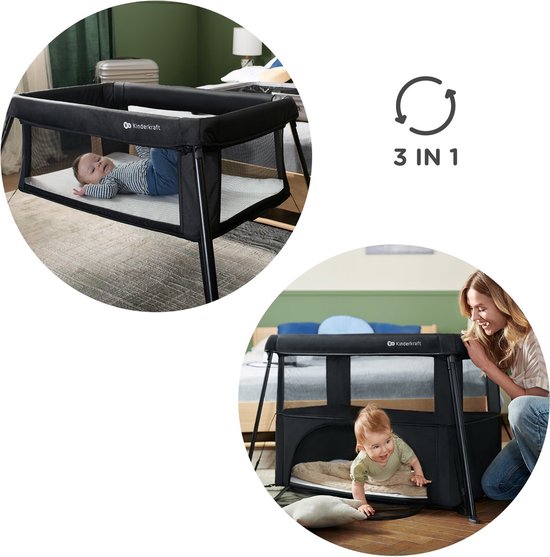Kinderkraft CAMI - 3-in-1 Reisbedje - Wieg - Reisbed - Lichtgewicht 5 kg - 2 Hoogte-instellingen - Met Reisrugzak - Compact inklapbaar - Gaaswanden - Geschikt vanaf geboorte tot 3 jaar - Zwart van Kinderkraft — afbeelding 5