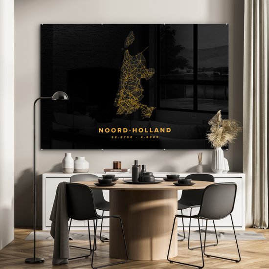 MuchoWow® Peinture sur verre 180x120 cm - Peinture sur verre acrylique - Holland septentrionale - Carte - Noir et or - Photo sur verre - Peintures