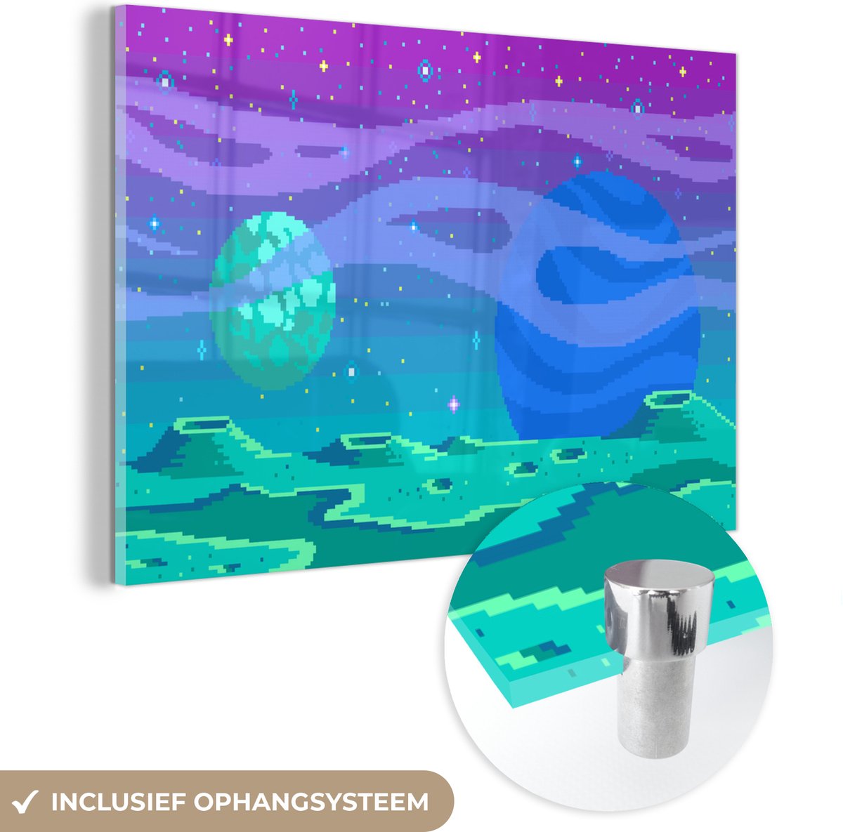 ® Glasschilderij 120x80 cm - Schilderij acrylglas - Gaming - Pixel Art - Maan - Foto op glas - Muurdecoratie woonkamer - Wanddecoratie slaapkamer - Schilderijen