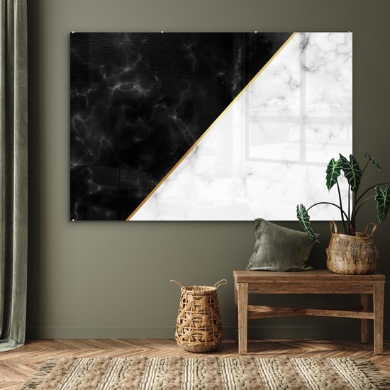 MuchoWow® Peinture sur verre 150x100 cm - Peinture acrylique sur verre - Marbre - Wit - Zwart - Or - Photo sur verre - Peintures