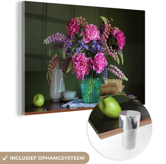 MuchoWow® Glasschilderij - Tafel - Bloemen - Stilleven - Acrylglas Schilderijen - Foto op Glas