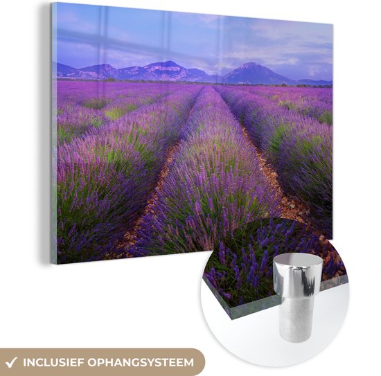 MuchoWow® Glasschilderij 120x80 cm - Schilderij acrylglas - Lavendelvelden tijdens een schemering - Foto op glas - Schilderijen