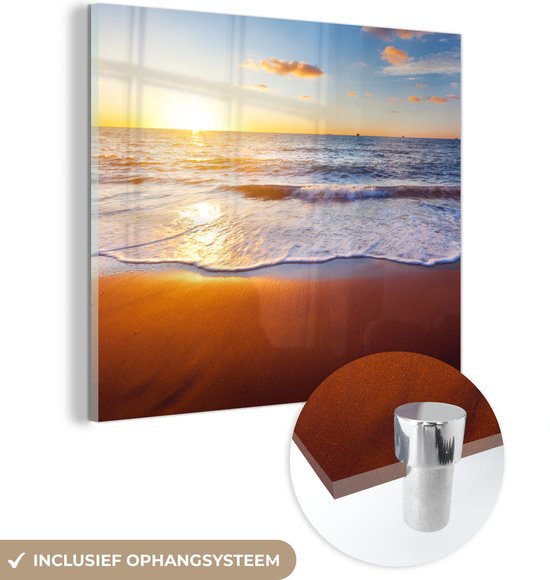 Glasschilderij - Foto op glas - Strand - Zee - Zon - Horizon - Schilderij strand - Wanddecoratie natuur - Acrylglas - Schilderij glas - 50x50 cm - Schilderijen woonkamer