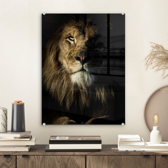 MuchoWow® Peinture sur verre - Lion - Lumière - Zwart - 30x40 cm - Peintures sur verre acrylique - Photo sur Glas