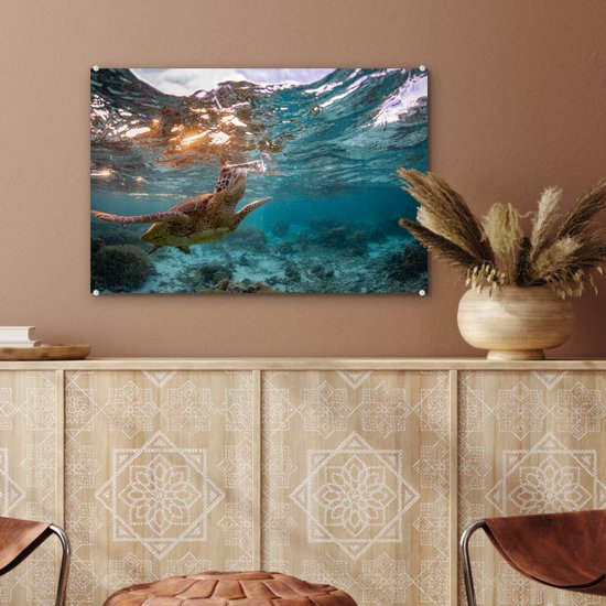 MuchoWow® Peinture sur verre 60x40 cm - Peinture sur verre acrylique - Mer - Tortue - Couleurs - Photo sur verre - Peintures