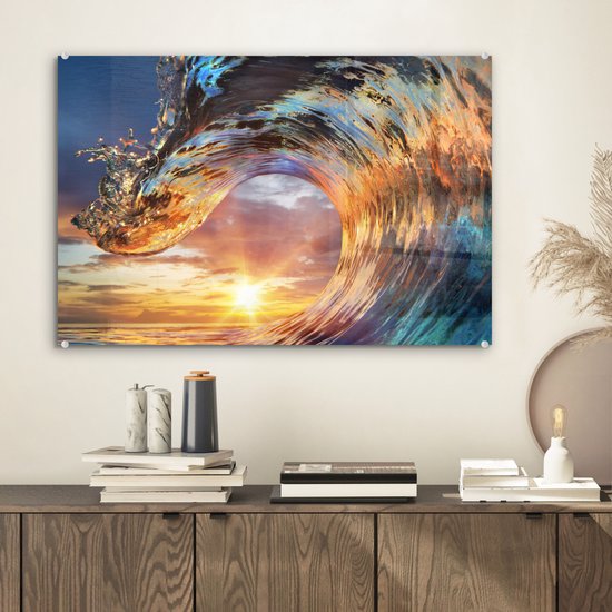 MuchoWow® Glasschilderij 60x40 cm - Schilderij acrylglas - Zee - Zon - Kleuren - Foto op glas - Muurdecoratie woonkamer - Wanddecoratie slaapkamer - Schilderijen