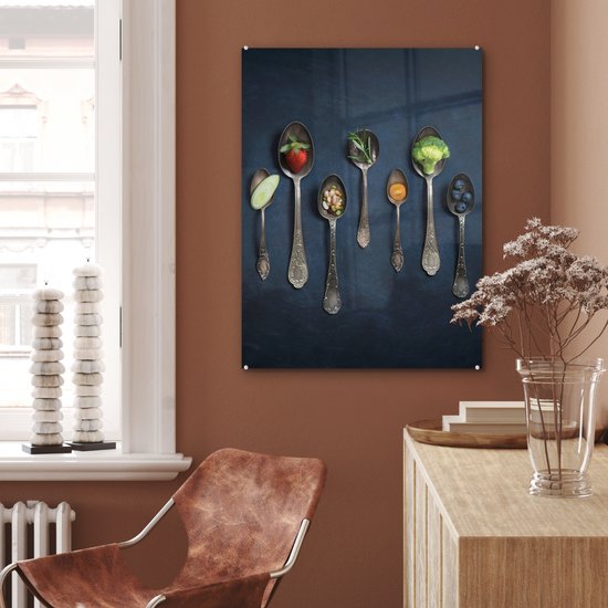 MuchoWow® Peinture sur verre 60x80 cm - Peinture sur verre acrylique - Herbes - Cuillère - Argent - Épices - Industriel - Photo sur verre - Peintures