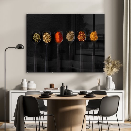 MuchoWow® Glasschilderij 120x90 cm - Schilderij acrylglas - Lepels - Specerijen - Zwart - Kruiden - Rustiek - Foto op glas - Schilderijen