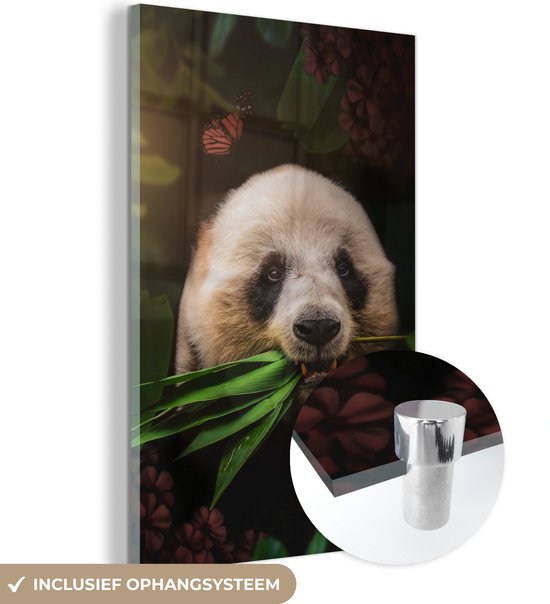 MuchoWow® Glasschilderij 40x60 cm - Schilderij acrylglas - Panda - Vlinder - Jungle - Foto op glas - Schilderijen