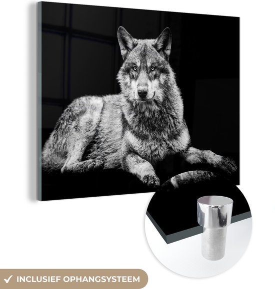 Glasschilderij - Foto op glas - Wilde dieren - Wolf - Zwart - Wit - Acrylglas - 40x30 cm - Glasschilderij wolf - Glasschilderij dieren - Schilderij glas - Muurdecoratie - Woonkamer